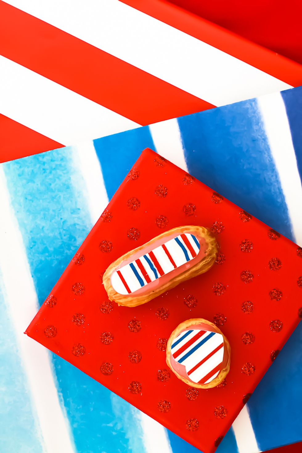 red, white and blue eclair