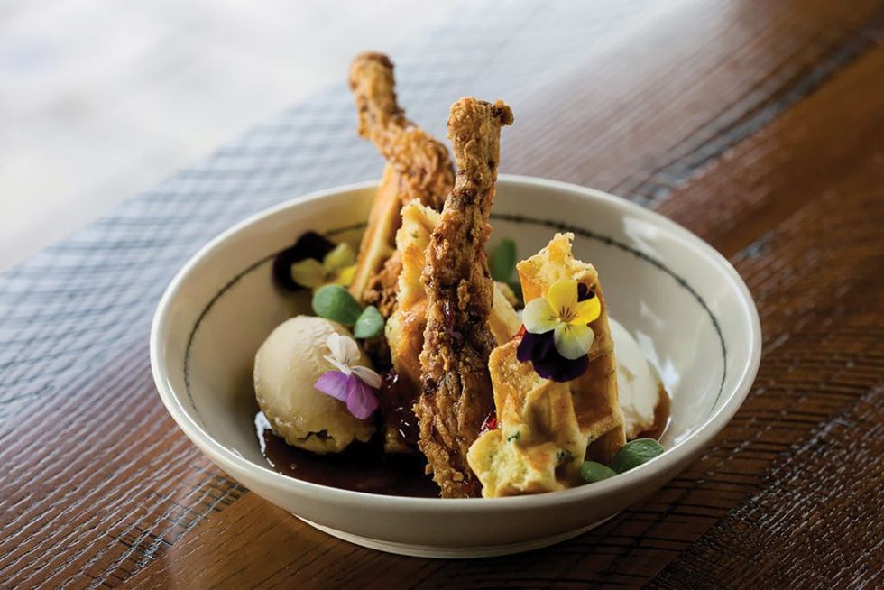 Riel’s spin on chicken-and-waffles, with crispy frog legs and Creole cream cheese