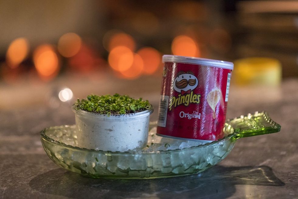 Caviar-and-onion dip, served with Pringles at La Lucha