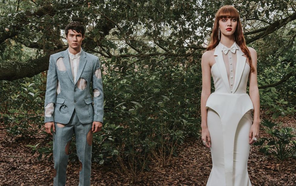On him: Blue Holes suit, $1,950, by custom order. On her: Tuxedo wedding gown, $9,825, by custom order. With pearl and diamond ring, $19,800, ring, $9,800, and earrings, $9,850, all at Tenenbaum Jewelers.